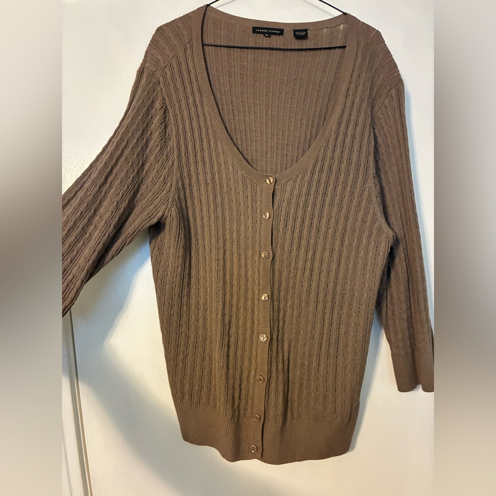JEANNE PIERRE Taupe Ribbed Button-Front Cardigan